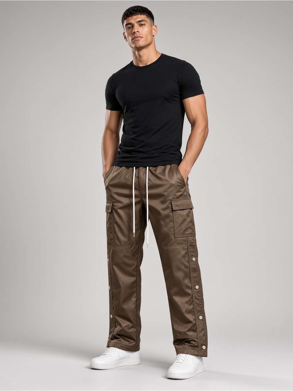 MNML Olive Brown Cargo Pants with Snap Side Panels